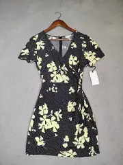 Leith Dress Women's XS Black Polka Dot Floral Faux Wrap Short Sleeve Preppy NWT