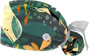 [WOSHJIUK] Working Hat 2 Pack Scrub Caps for Women,Seaturtle Fish Whale,Tie Back Cap Adjustable Scrub Hat