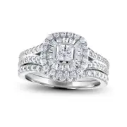 1.25 CT. T.W. Princess-Cut Natural Diamond Double Cushion Frame Bridal Engagement Ring Set in Solid 14K White Gold