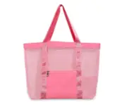 Mesh Beach Tote Bag with Zipper Pockets，Swim Pool Bag Storage Net Bag--Pink