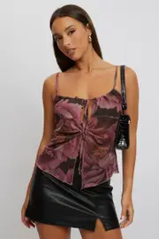 Pink Floral Singlet Top Tie Up Front - Size 10S, Women's Singlet