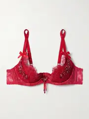 [Agent Provocateur] Agent Provocateur - Graicelle Embellished Leavers Lace And Stretch-silk Satin Underwired Balconette Bra - 32DD 32 DD Red