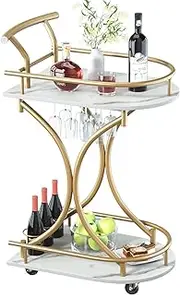 Bar Cart with Wheels Handle Rolling Home Bar Serving Carts 2 Tier Curved Anti-Collision Storage Small Trolley with Wine Rack and Glass Holder for Kitchen Dining Room Living Room Gold