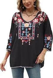 [Grosy] Boho Embroidered Mexican Tops for Women Bohemian Clothes, Plus Size Peasant Blouse Hippie Shirt 3/4 Sleeve Tunic