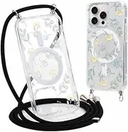 for iPhone 16 Pro 6.3 Inch Magnetic Case with Strap, Aesthetic Flowers Mobile Phone Case Compatible with Magsafe, Silicone Shockproof Mobile Phone Chain Transparent Protective Case Cord for