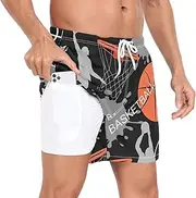 [GuoChe] Swim Trunks for Men Mens Lined Workout Running Shorts Basketball Game Black with Phone Pocket Basketball Shorts Quick