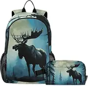 [XYMZR] Backpack with Lunch Box Moose Black Blue Forest Book Bag Daypack Shoulder Bag with Insulated Lunch Bags for Women Men Travel Laptop Daypack 18.5 x 11.8 In, Multi-colored, One Size, Daypack