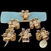 Vtg Mascot 24K Gold Plated Floral Napkin Ring Set of 6 Austrian Crystal USA