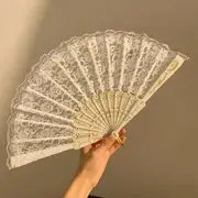Floral Fabric Foldable Hand Fan (Various Designs) Single Layer Lace - White - One Size
