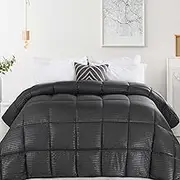 Superior Microfiber Basketweave Comforter, Down Alternative Bedding, Medium Weight, Fluffy, Decorative, Plush Duvet Insert, Oversized Blanket, Box Quilt Design, Monochrome, Full/Queen, Charcoal