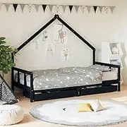 Kids Bed Frame with Drawers, Solid Pine Wood, Black, 90x190 cm, Sturdy Design, Creative House Bed, Ample Storage, Low Profile Construction, for Age 4+