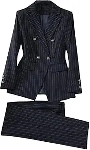 [SaoBiiu] Ladies Formal Black Striped Pant Suit Set Women Business Work Wear Long Sleeve Blazer Jacket and Trouser 2 Piece