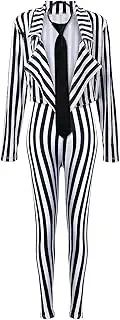 [SATINIOR] Women's Black White Vertical Striped Kit Include Blazer Length Pant with Tie