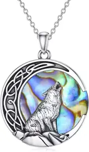 Wolf Necklace 925 Sterling Silver Celtic Knot Pendant Wolf Moon Abalone Jewelry
