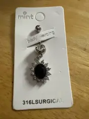 New Belly Button Ring 316L Surgical Steel With Dangling Black Stone
