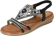 [YOUNIFIZ] Women's Comfort Dressy Beaded Summer Beach Sandals Slip-on Comfort Flat Walking Sandals with Elastic Back Strap