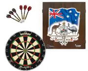 Winmau Blade 6 Dart Board + Sports Bar Coat of Arms Dartboard Cabinet + Darts Set