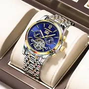 Men's Watches Automatic Mechanical Business Wristwatch Waterproof Stainless Steel Strap Watch for Man Skeleton Calendar