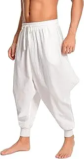 [LAMLUCK] Men's Aladdin Hippie Harem Pants Loose Cotton Linen Drop Crotch Trousers Casual Baggy Elastic Waist Yoga Pants