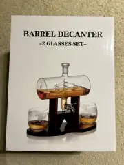 Barrel Decanter Set w/ 2 Etched World Glasses - New in Box - Whiskey Rum