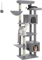 PAWZ Road 175cm Cat Tree for Large Cats, Multi-Level Tower With Sisal Scratching Post, 2 Spacious Cozy Condos, 2 Hammocks and Top Perch for Indoor Cats, Grey