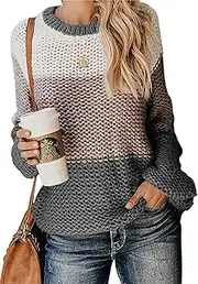 [shermie] Sweaters for Women Color Block Crewneck Sweaters Striped Chunky Knitted Sweaters Pullover X-Large Gray