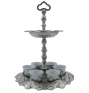 Turkish Luxury 7 Piece Coffee Cup Set with Sugar Bowl Tray Ottoman Style Silver