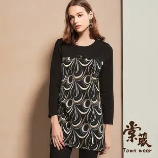 【TOWNWEAR棠葳】復古滿版印花拼接長版上衣(女上衣/女上著/鑽飾/長袖/雪紡)