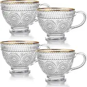 Blissora Large Embossed Tea Cup, Valentines Ribbed Coffee Mug Sets Pack of 2/4/6 for Cereal Cappuccino Dessert, Crystal Friend Mum Gift (Gold Rim, 4 Pack)