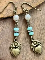 Romantic Bronze Heart and Blue Picasso Czech Bead Dangle Earrings. Love.