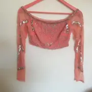 Boohoo Premium Crop Top Skirt Outfit Sz 8 Coral Silver Sequins Chiffon New