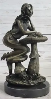 Girl Sitting on Mushroom Toadstool Alice Wonderland Bronze Figure Sculpture 10"
