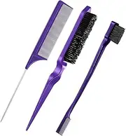 3 Pieces Comb Set for Teasing, Edge & Slick Back Brushing - Rat Tail & Edge Combs for Styling Women's Hair (Purple)