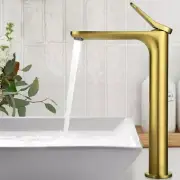 Brushed Gold 12" Vessel Faucet, 22° Curve Handle, Solid Brass, Neoperl Aerator