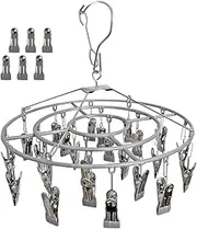 Funamily Stainless Steel Laundry Drying Rack Clothing Sock Drip Clothes Drying Hanger with 24 Clips, Swivel Windproof Hook Round Heavy Duty Underwear Hanger for Indoor Outdoor Wet and Dry (Grey)