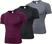 [Generic] 3pcs/Set Men's Quick Dry Short Sleeve Sport T Shirt Gyms Running T-Shirt Men's s Fitn Breathable Tops red/Black/Grey S