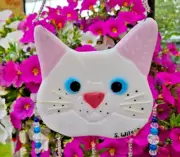 Handcrafted Fused Glass Whimsical White Tuxedo Cat (Blue eyes) Wind Chime