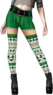 [Shukqueen] Women's Green Shamrock St Patrick's Day Legging Leaf Pants Fashion Casual Irish Trousers