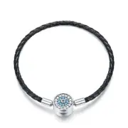 Sterling Silver Blue Eyes & Black Leather Charm Hypoallergenic Bracelet