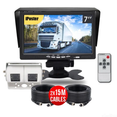 Dual Head 4Pin 2x Reversing Cameras 7" LCD Monitor 12-24v Truck Caravan Rv Van