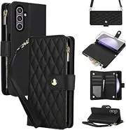 [Asuwish] Phone Case for Samsung Galaxy S23 FE 5G with Tempered Glass Screen Protector and Zipper Wallet Cover Card Holder Slot Stand Flip Mobile Cell Accessories S 23 EF S23FE 23S Women Men Black
