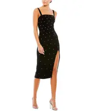Mac Duggal Pearl Encrusted Square Neck Midi Dress