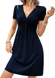 [Generic] Womens Casual Summer Twist Front V Neck Short Sleeve Mini Dress Empire Waist Tunic Dresses