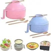 Microwave Ramen Cooker Bowl, 32Oz Ramen Bowl with Lid Chopsticks Fork Spoon, Wheat Straw Instant Noodle Bowl for College Dorm Room Apartment (Pink，Blue)
