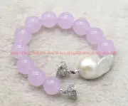 Huge 14MM Lavender Jade Gemstone & White Keshi Baroque Pearl Bracelet 7.5'' AAA