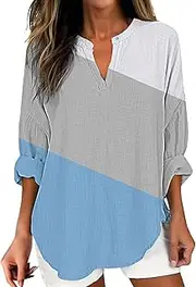 [Generic] Long Sleeve Shirt Tunic Tops for Women Spring Summer V Neck Roll Up 3/4 Sleeve T Shirts Plain Graphic Tees Women Patchwork T-Shirts Graphic