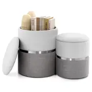 Giantex 2x Linen Fabric Storage Ottoman Round Vanity Stool w/Stainless Steel Hoop Upholstered Footrest