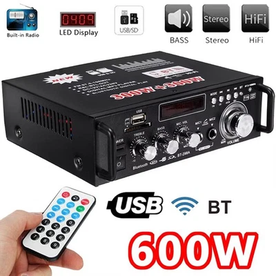 600W Speaker Amplifier HiFi Mini Amp 2CH FM Radio LCD Home Car 298A Bluetooth US