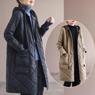 【AKARA】兩層毛絨菱格紋拼接連帽中長版大衣外套