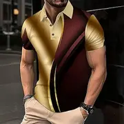 Men's Abstract Geometic Polo Short Sleeve Polo Shirts Lapel Business Casual Business Athleisure Buttons 3D Print Summer Gold
